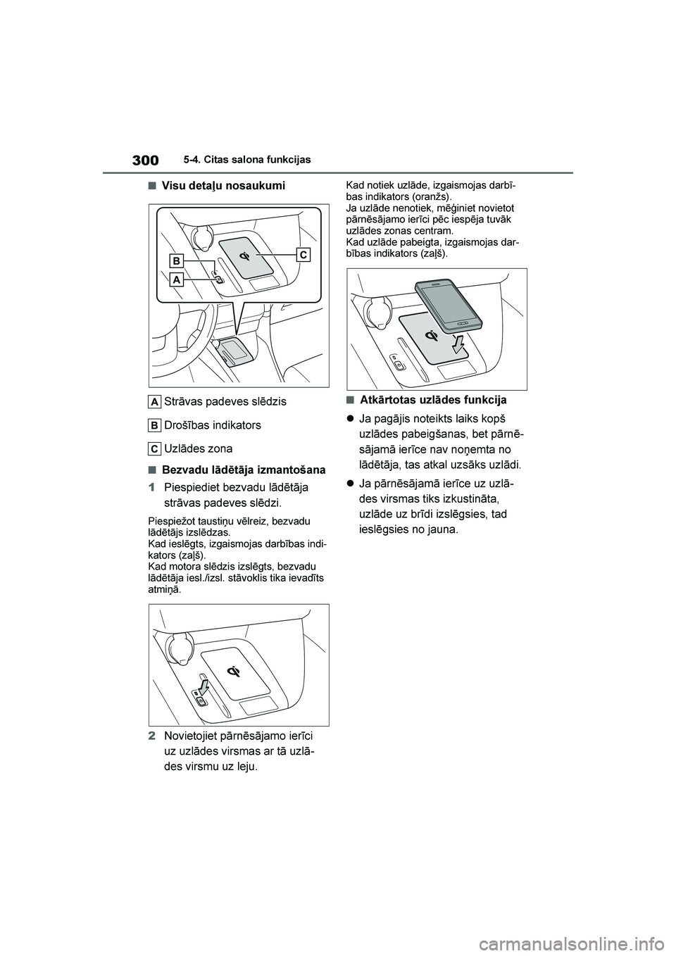 TOYOTA YARIS 2021  Lietošanas Instrukcija (in Latvian) 
300
YARIS(HB) Owners Manual_Europe_MK0001_LV
5-4. Citas salona funkcijas
■Visu detaļu nosaukumiStrāvas padeves slēdzis
Drošības indikators
Uzlādes zona
■Bezvadu lādētāja izmantošana
1 