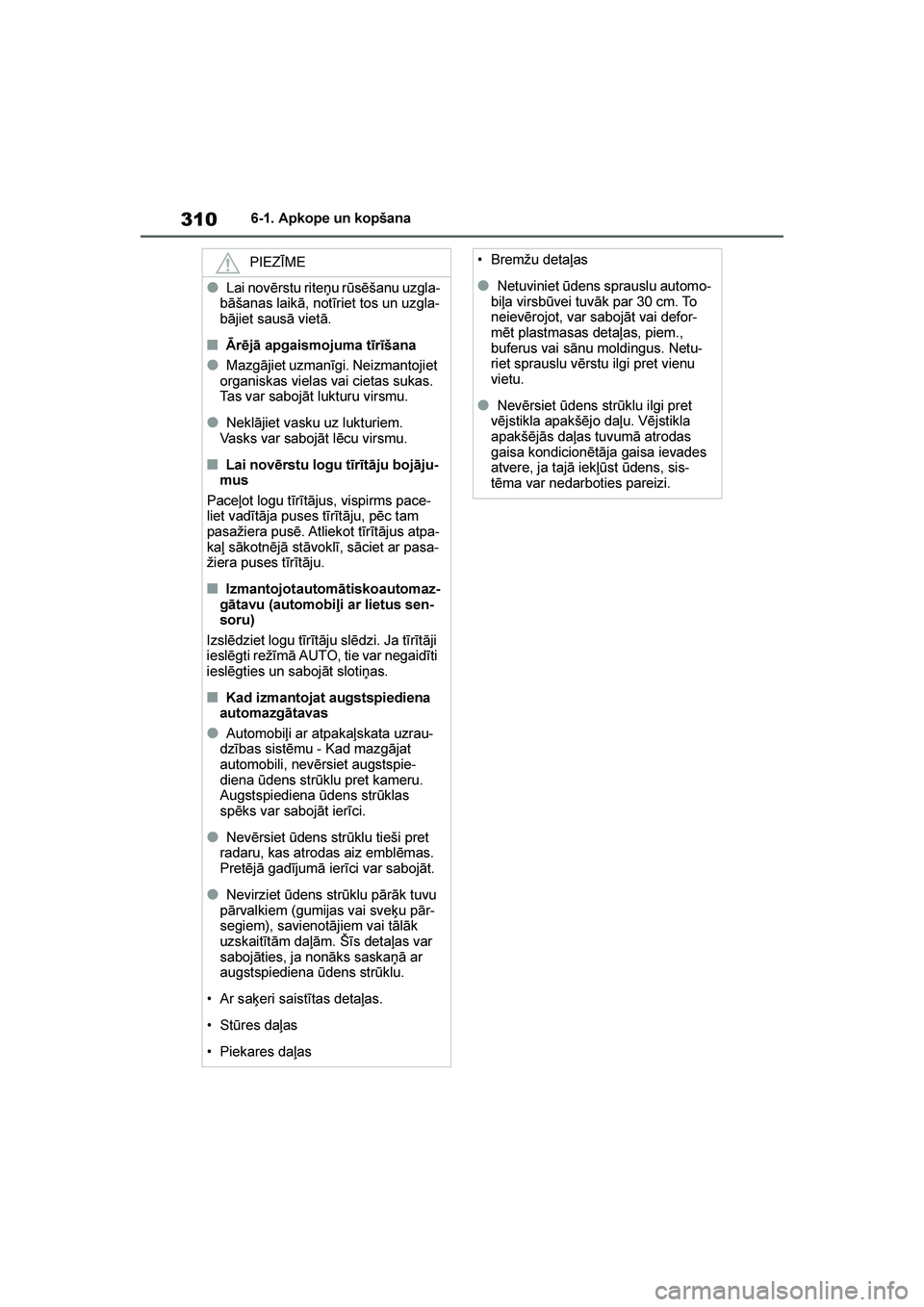 TOYOTA YARIS 2021  Lietošanas Instrukcija (in Latvian) 
310
YARIS(HB) Owners Manual_Europe_MK0001_LV
6-1. Apkope un kopšana
PIEZĪME
●Lai novērstu riteņu rūsēšanu uzgla -
bāšanas laikā, notīriet tos un uzgla -
bājiet sausā vietā.
■Ārēj