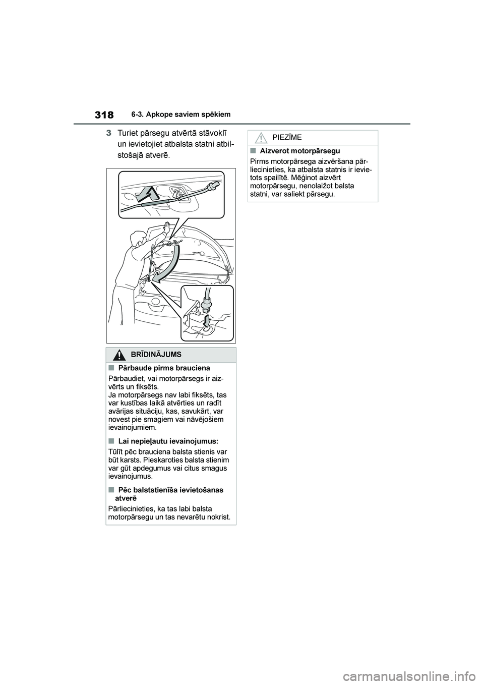 TOYOTA YARIS 2021  Lietošanas Instrukcija (in Latvian) 
318
YARIS(HB) Owners Manual_Europe_MK0001_LV
6-3. Apkope saviem spēkiem
3Turiet pārsegu atvērtā stāvoklī 
un ievietojiet atbalsta statni atbil -
stošajā atverē.
BRĪDINĀJUMS
■Pārbaude p