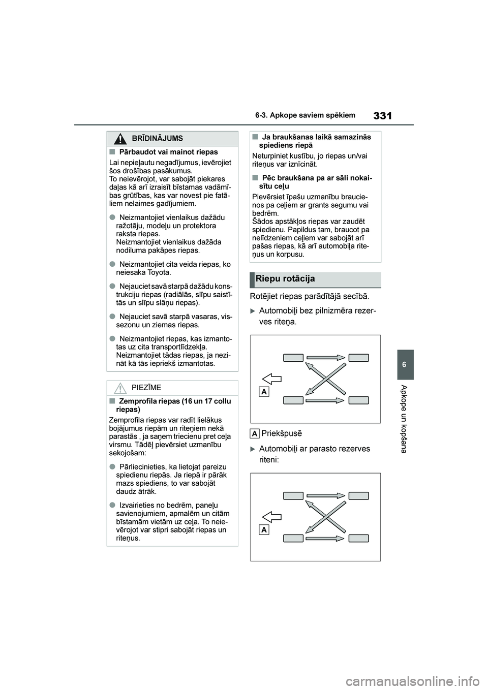 TOYOTA YARIS 2021  Lietošanas Instrukcija (in Latvian) 
331
6
YARIS(HB) Owners Manual_Europe_MK0001_LV
6-3. Apkope saviem spēkiem
Apkope un kopšana
Rotējiet riepas parādītājā secībā.
Automobiļi bez pilnizmēra rezer-
ves riteņa.
Priekšpusē
