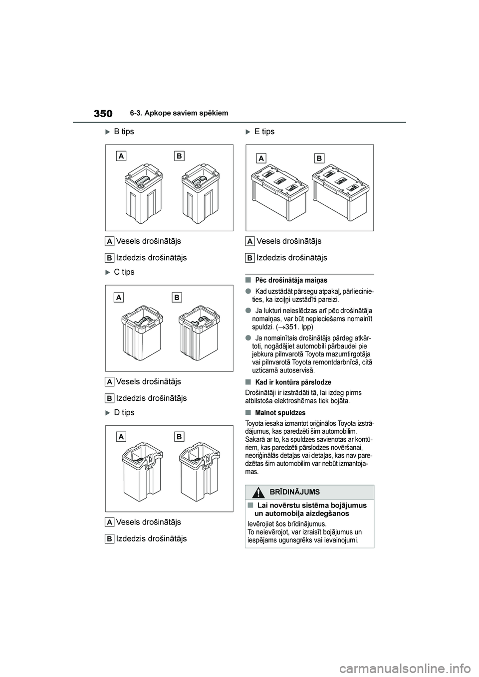 TOYOTA YARIS 2021  Lietošanas Instrukcija (in Latvian) 
350
YARIS(HB) Owners Manual_Europe_MK0001_LV
6-3. Apkope saviem spēkiem
B tipsVesels drošinātājs
Izdedzis drošinātājs
C tipsVesels drošinātājs
Izdedzis drošinātājs
D tipsVesels droš