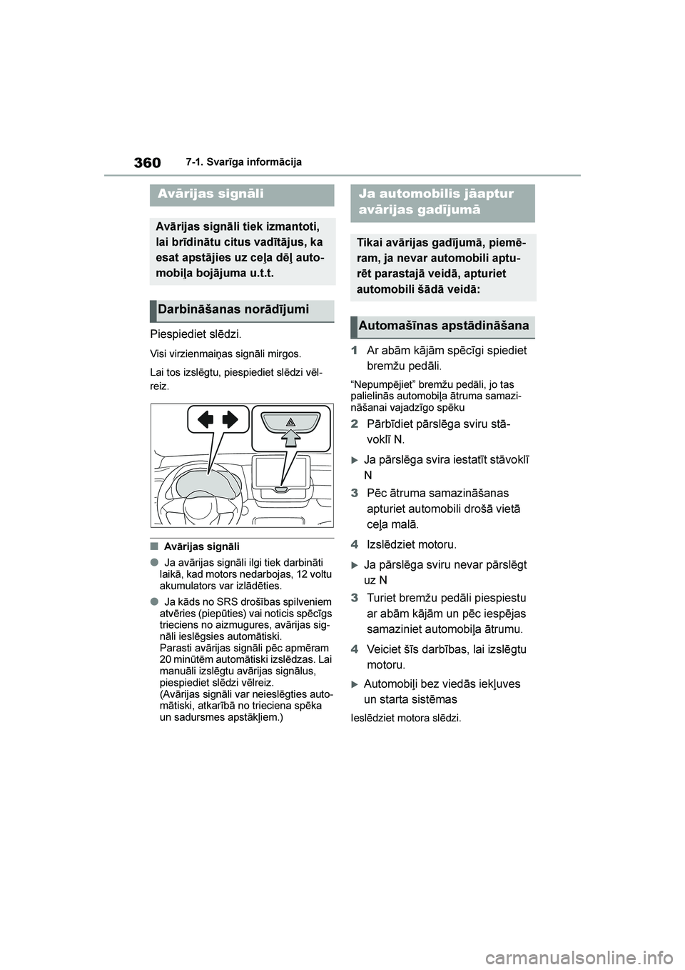 TOYOTA YARIS 2021  Lietošanas Instrukcija (in Latvian) 
360
YARIS(HB) Owners Manual_Europe_MK0001_LV
7-1. Svarīga informācija
7- 1. Svar ī ga inf or mā ci ja
Piespiediet slēdzi.
Visi virzienmaiņas signāli mirgos.
Lai tos izslēgtu, piespiediet sl