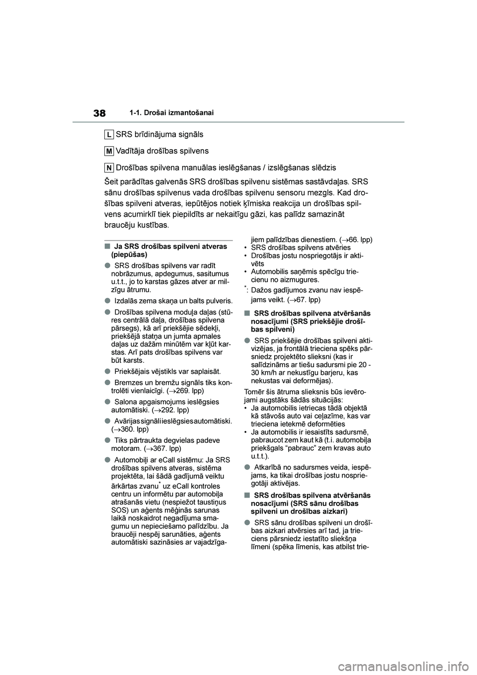 TOYOTA YARIS 2021  Lietošanas Instrukcija (in Latvian) 
38
YARIS(HB) Owners Manual_Europe_MK0001_LV
1-1. Drošai izmantošanai
SRS brīdinājuma signāls
Vadītāja drošības spilvens
Drošības spilvena manuālas ieslēgšanas / izslēgšanas slēdzis
