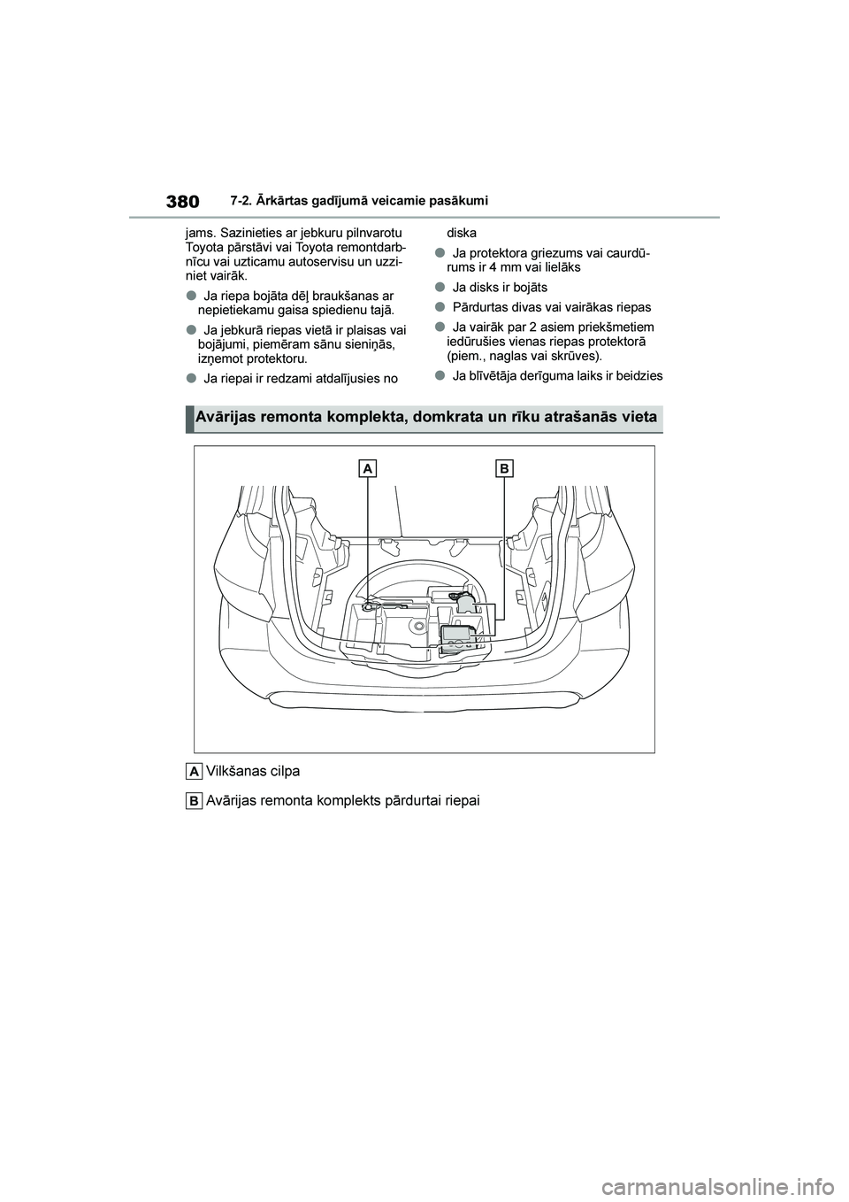 TOYOTA YARIS 2021  Lietošanas Instrukcija (in Latvian) 
380
YARIS(HB) Owners Manual_Europe_MK0001_LV
7-2. Ārkārtas gadījumā veicamie pasākumi
jams. Sazinieties ar jebkuru pilnvarotu 
Toyota pārstāvi vai Toyota remontdarb -
nīcu vai uzticamu autos