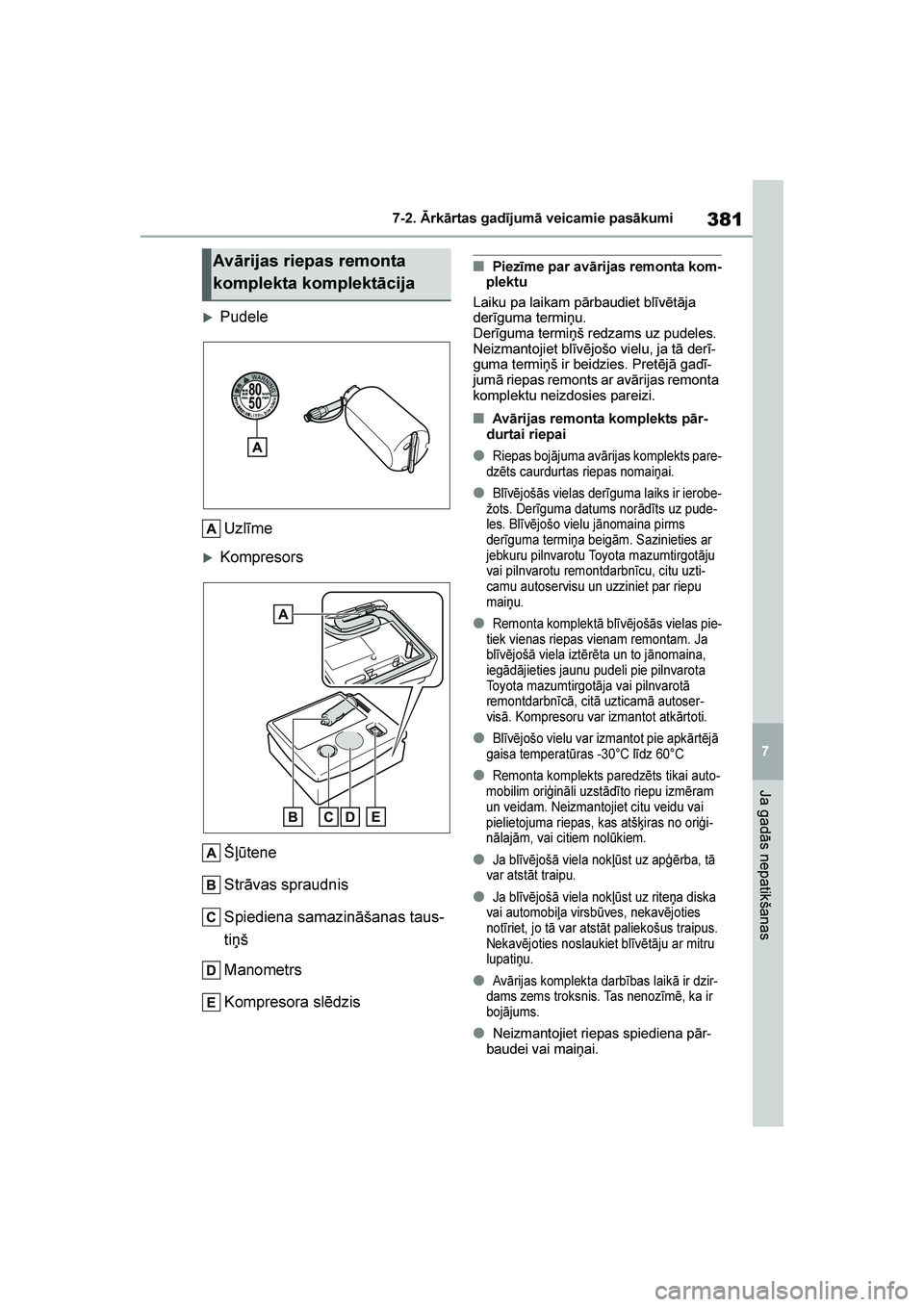 TOYOTA YARIS 2021  Lietošanas Instrukcija (in Latvian) 
381
7
YARIS(HB) Owners Manual_Europe_MK0001_LV
7-2. Ārkārtas gadījumā veicamie pasākumi
Ja gadās nepatikšanas
PudeleUzlīme
Kompresors
Šļūtene
Strāvas spraudnis
Spiediena samazināšana