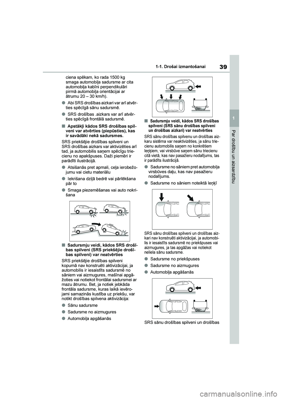 TOYOTA YARIS 2021  Lietošanas Instrukcija (in Latvian) 
39
1
YARIS(HB) Owners Manual_Europe_MK0001_LV
1-1. Drošai izmantošanai
Par drošību un aizsardzību
ciena spēkam, ko rada 1500 kg 
smaga automobiļa sadursme ar cita 
automobiļa kabīni perpend