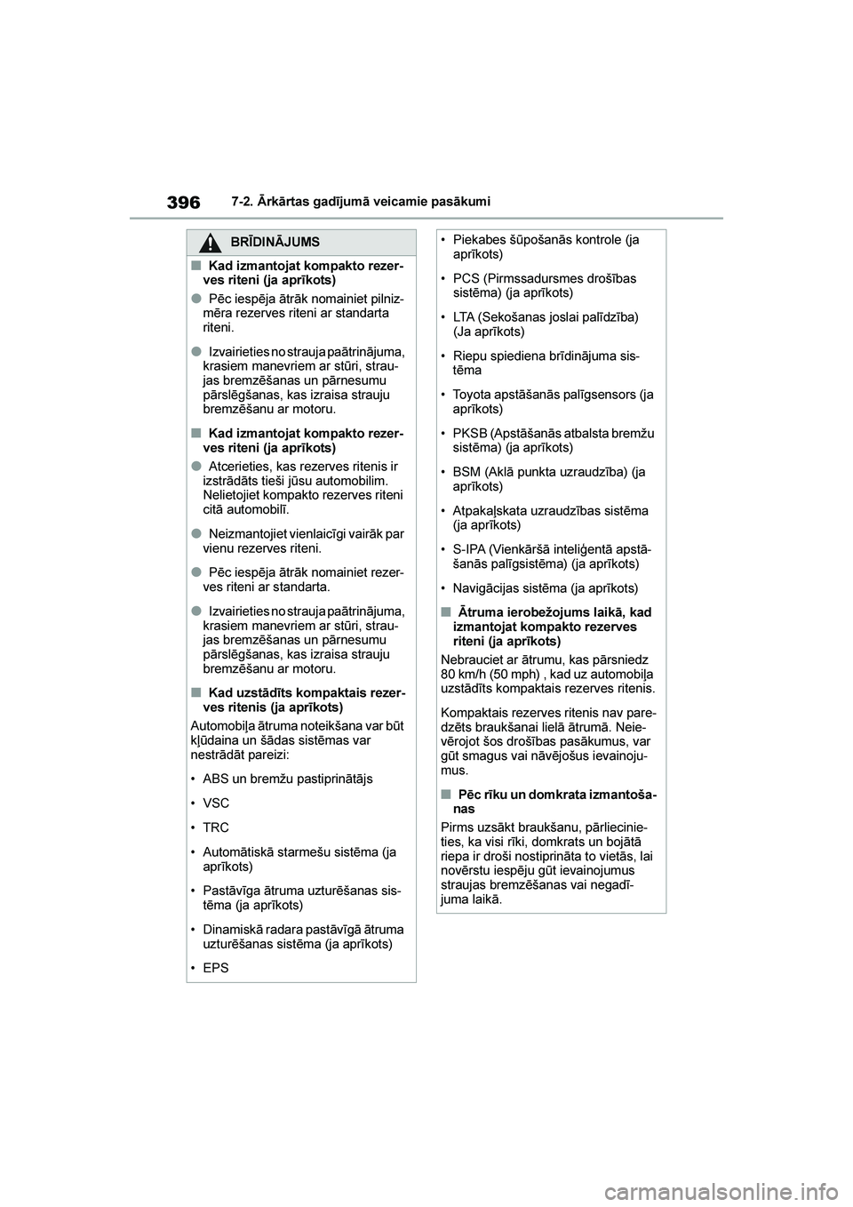 TOYOTA YARIS 2021  Lietošanas Instrukcija (in Latvian) 
396
YARIS(HB) Owners Manual_Europe_MK0001_LV
7-2. Ārkārtas gadījumā veicamie pasākumi
BRĪDINĀJUMS
■Kad izmantojat kompakto rezer-
ves riteni (ja aprīkots)
●Pēc iespēja ātrāk nomainie