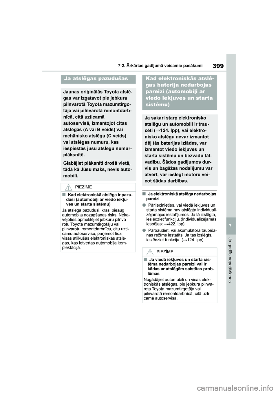 TOYOTA YARIS 2021  Lietošanas Instrukcija (in Latvian) 
399
7
YARIS(HB) Owners Manual_Europe_MK0001_LV
7-2. Ārkārtas gadījumā veicamie pasākumi
Ja gadās nepatikšanas
■Ja elektroniskā atslēga nedarbojas 
pareizi
●Pārliecinieties, vai viedā 