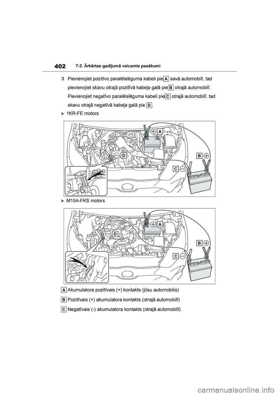 TOYOTA YARIS 2021  Lietošanas Instrukcija (in Latvian) 
402
YARIS(HB) Owners Manual_Europe_MK0001_LV
7-2. Ārkārtas gadījumā veicamie pasākumi
3Pievienojiet pozitīvo paralēlslēguma kabeli pie  savā automobilī, tad 
pievienojiet skavu otrajā poz