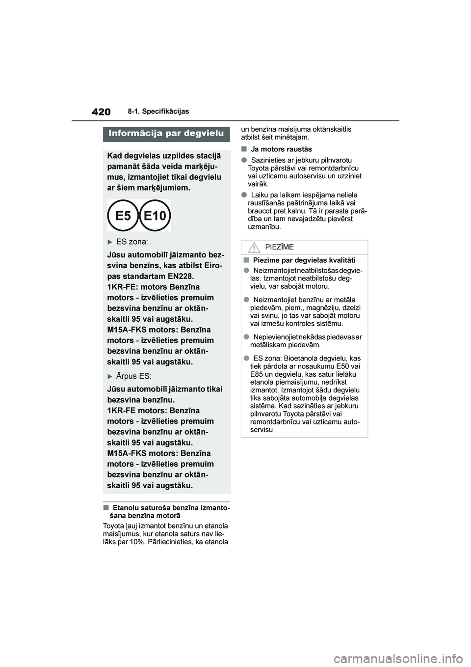 TOYOTA YARIS 2021  Lietošanas Instrukcija (in Latvian) 
420
YARIS(HB) Owners Manual_Europe_MK0001_LV
8-1. Specifikācijas
■Etanolu saturoša benzīna izmanto-
šana benzīna motorā
Toyota ļauj izmantot benzīnu un etanola 
maisījumus, kur etanola sa TOYOTA YARIS 2021  Lietošanas Instrukcija (in Latvian) 
420
YARIS(HB) Owners Manual_Europe_MK0001_LV
8-1. Specifikācijas
■Etanolu saturoša benzīna izmanto-
šana benzīna motorā
Toyota ļauj izmantot benzīnu un etanola 
maisījumus, kur etanola sa