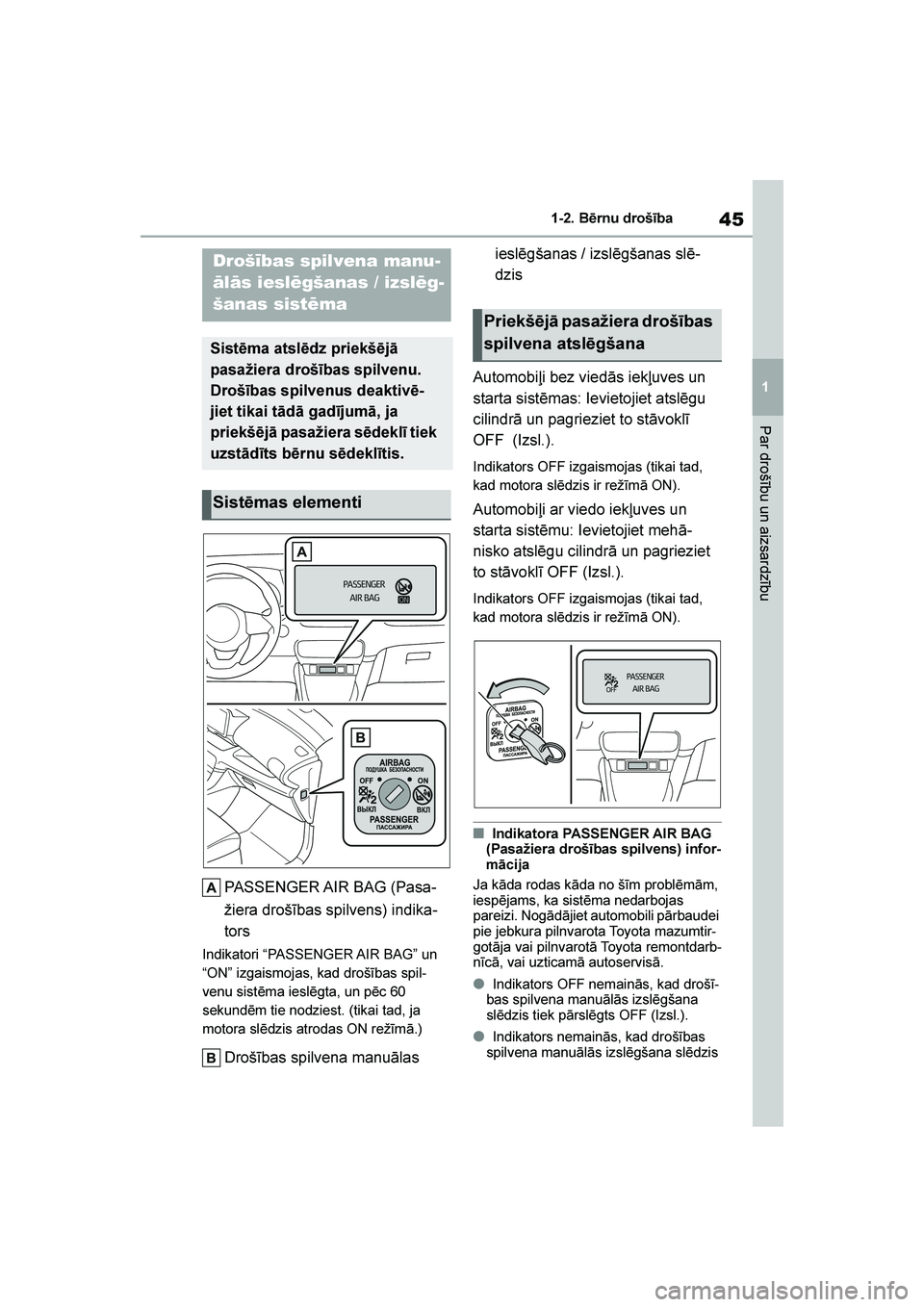 TOYOTA YARIS 2021  Lietošanas Instrukcija (in Latvian) 
45
1
YARIS(HB) Owners Manual_Europe_MK0001_LV
1-2. Bērnu drošība
Par drošību un aizsardzību
1- 2. Bēr nu droš ība
PASSENGER AIR BAG (Pasa-
žiera drošības spilvens) indika -
tors
Indikato