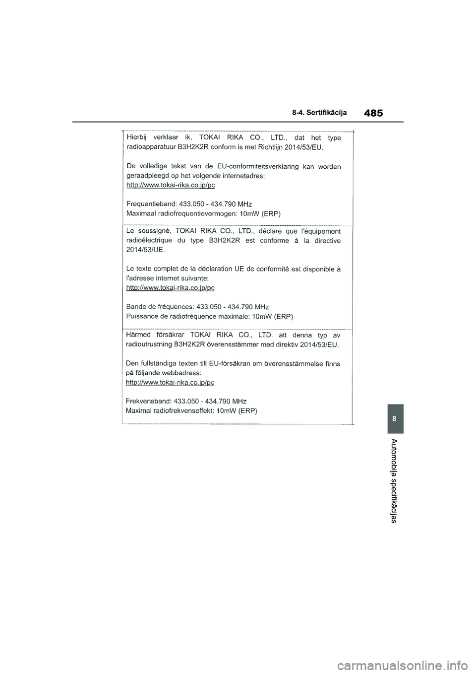TOYOTA YARIS 2021  Lietošanas Instrukcija (in Latvian) 
485
8
YARIS(HB) Owners Manual_Europe_MK0001_LV
8-4. Sertifikācija
Automobiļa specifikācijas
YARIS(HB)_OM_Europe_OMK0001LV.book  Page 485  Monday, April 6, 2020  10:00 PM 