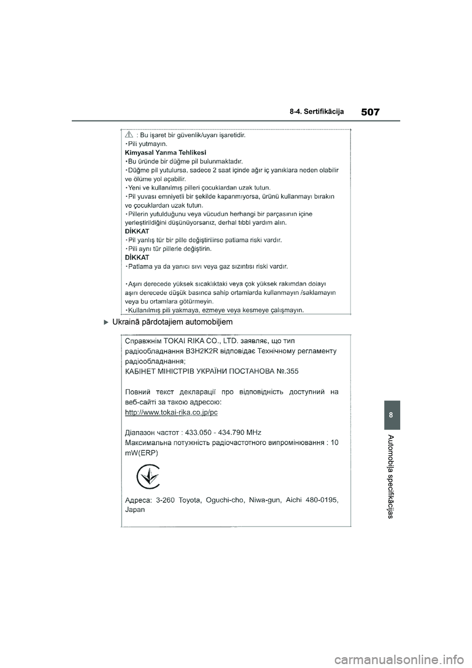 TOYOTA YARIS 2021  Lietošanas Instrukcija (in Latvian) 
507
8
YARIS(HB) Owners Manual_Europe_MK0001_LV
8-4. Sertifikācija
Automobiļa specifikācijas
Ukrainā pārdotajiem automobiļiem
YARIS(HB)_OM_Europe_OMK0001LV.book  Page 507  Monday, April 6, 202