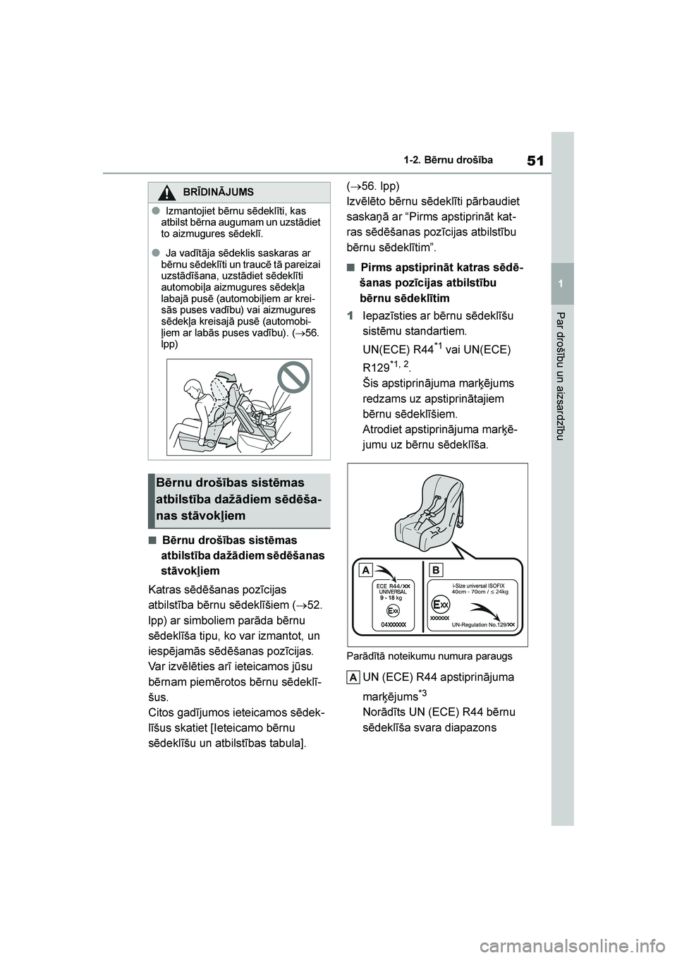 TOYOTA YARIS 2021  Lietošanas Instrukcija (in Latvian) 
51
1
YARIS(HB) Owners Manual_Europe_MK0001_LV
1-2. Bērnu drošība
Par drošību un aizsardzību
■Bērnu drošības sistēmas 
atbilstība dažādiem sēdēšanas 
stāvokļiem
Katras sēdēšana