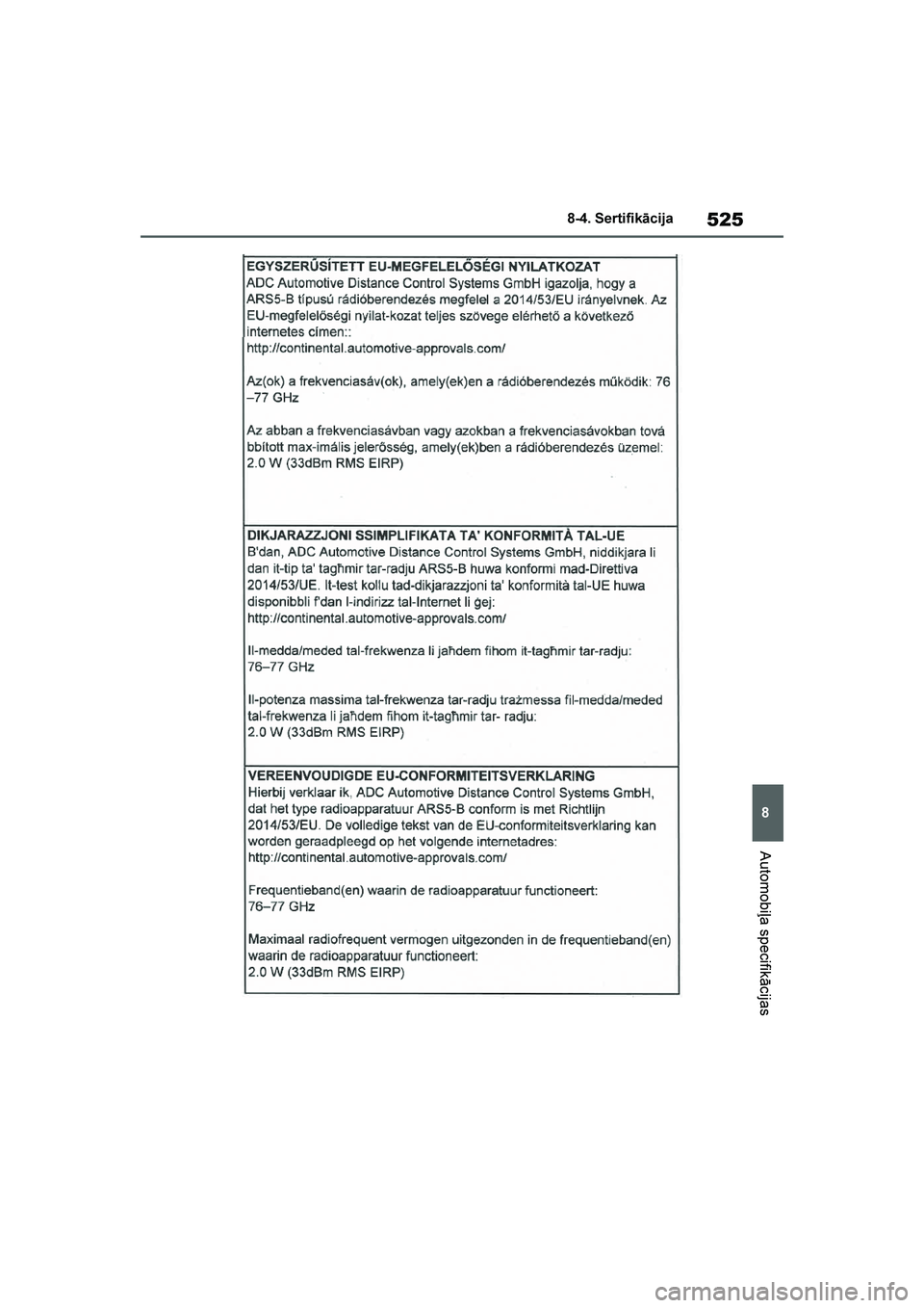 TOYOTA YARIS 2021  Lietošanas Instrukcija (in Latvian) 
525
8
YARIS(HB) Owners Manual_Europe_MK0001_LV
8-4. Sertifikācija
Automobiļa specifikācijas
YARIS(HB)_OM_Europe_OMK0001LV.book  Page 525  Monday, April 6, 2020  10:00 PM 