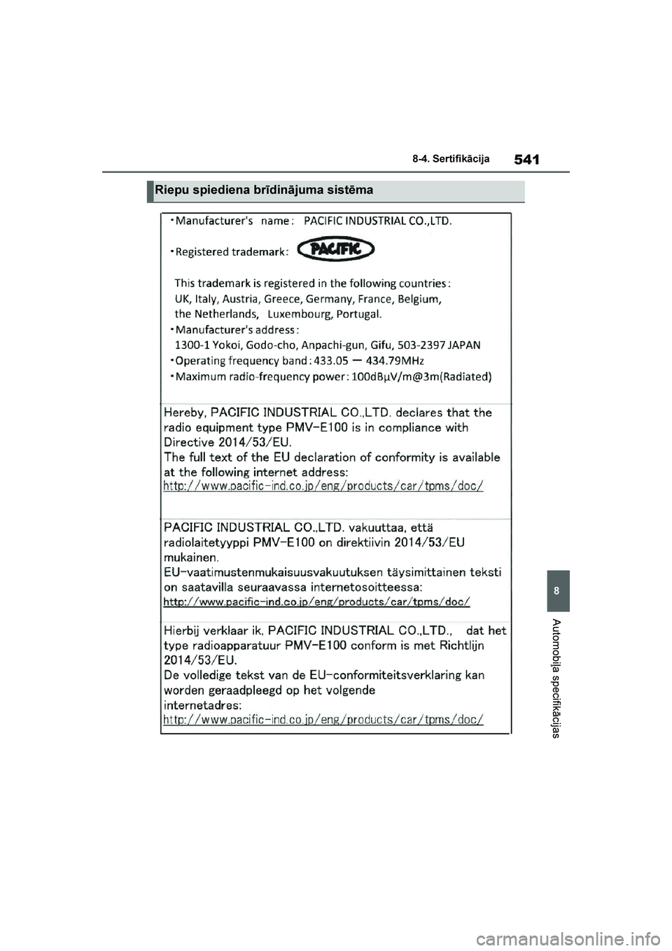 TOYOTA YARIS 2021  Lietošanas Instrukcija (in Latvian) 
541
8
YARIS(HB) Owners Manual_Europe_MK0001_LV
8-4. Sertifikācija
Automobiļa specifikācijas
Riepu spiediena brīdinājuma sistēma
YARIS(HB)_OM_Europe_OMK0001LV.book  Page 541  Monday, April 6, 2
