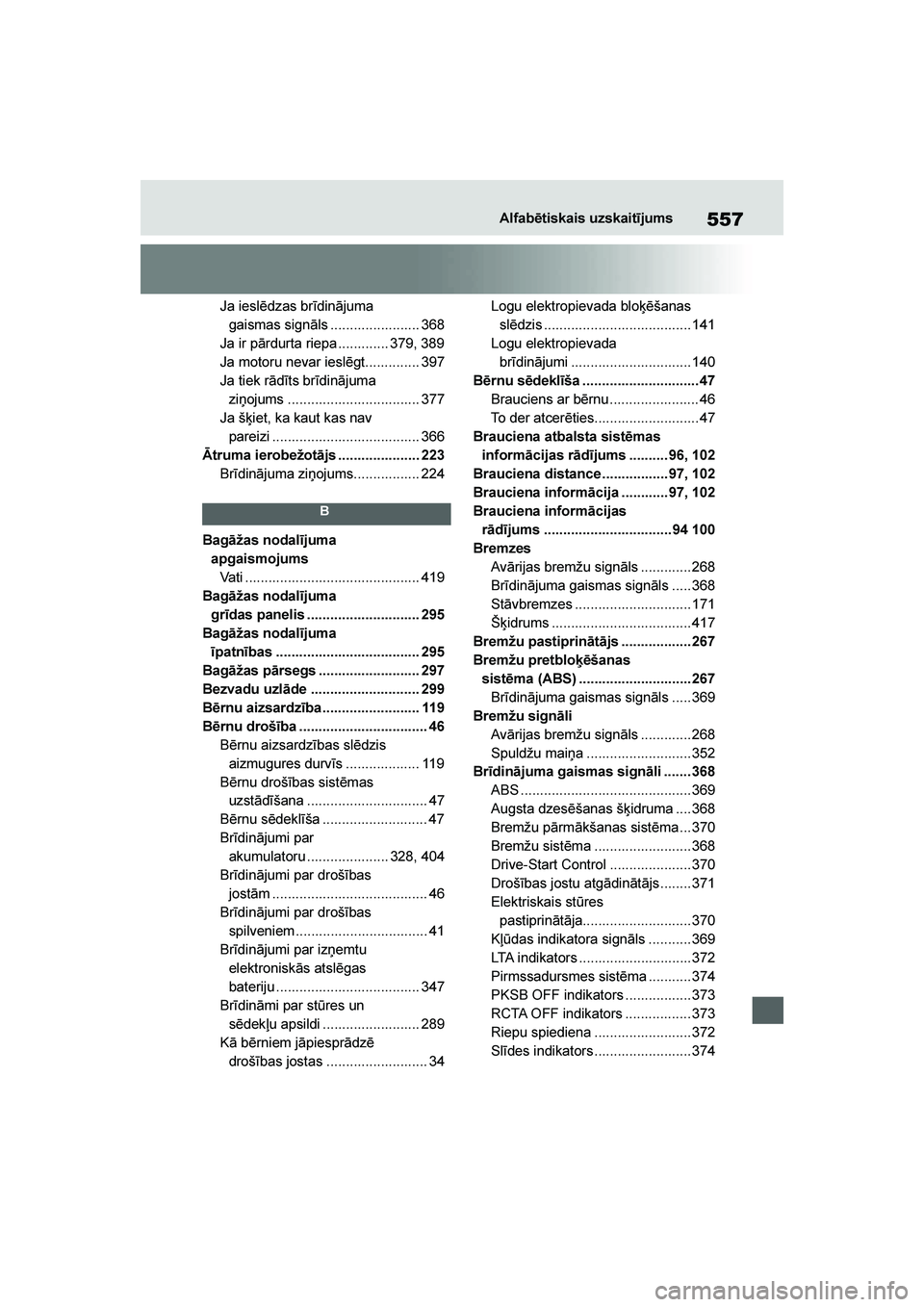 TOYOTA YARIS 2021  Lietošanas Instrukcija (in Latvian) 
557
YARIS(HB) Owners Manual_Europe_MK0001_LV
Alfabētiskais uzskaitījums
Ja ieslēdzas brīdinājuma gaismas signāls ....................... 368
Ja ir pārdurta riepa ............. 379, 389
Ja mot