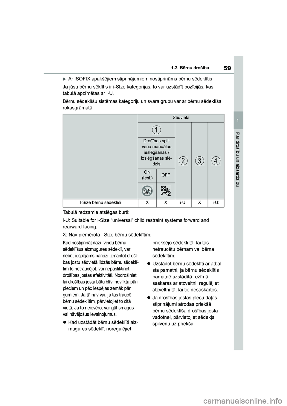 TOYOTA YARIS 2021  Lietošanas Instrukcija (in Latvian) 
59
1
YARIS(HB) Owners Manual_Europe_MK0001_LV
1-2. Bērnu drošība
Par drošību un aizsardzību
Ar ISOFIX apakšējiem stiprinājumiem nostiprināms bērnu sēdeklītis
Ja jūsu bērnu sēklītis