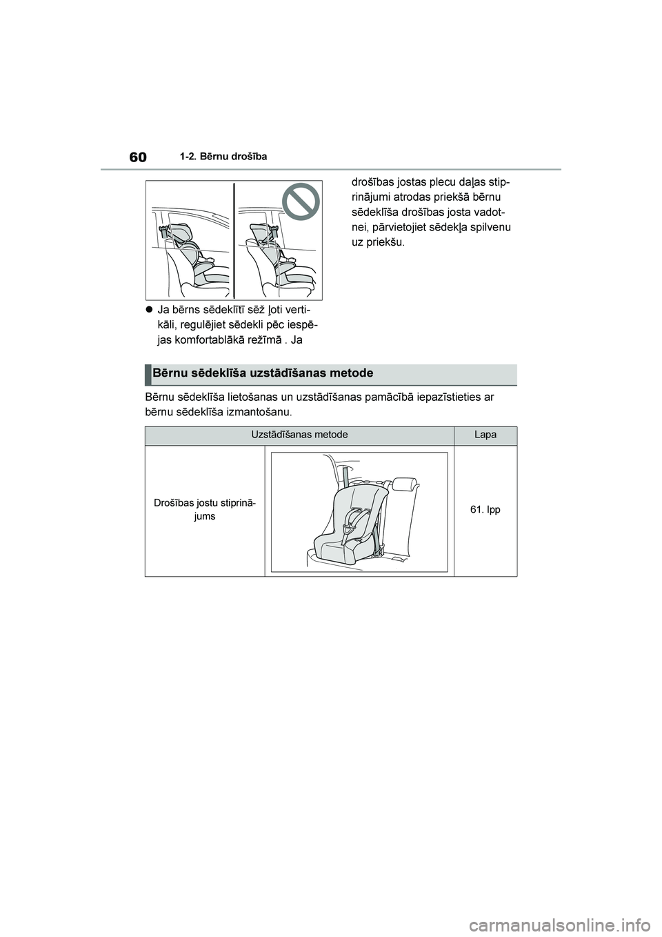 TOYOTA YARIS 2021  Lietošanas Instrukcija (in Latvian) 
60
YARIS(HB) Owners Manual_Europe_MK0001_LV
1-2. Bērnu drošība
Ja bērns sēdeklītī sēž ļoti verti -
kāli, regulējiet sēdekli pēc iespē -
jas komfortablākā režīmā . Ja  drošības