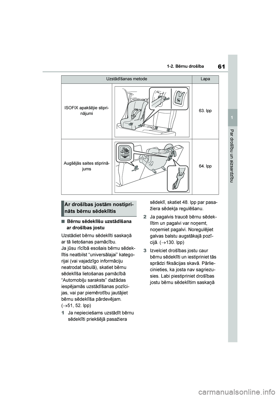 TOYOTA YARIS 2021  Lietošanas Instrukcija (in Latvian) 
61
1
YARIS(HB) Owners Manual_Europe_MK0001_LV
1-2. Bērnu drošība
Par drošību un aizsardzību
■Bērnu sēdeklīšu uzstādīšana 
ar drošības jostu
Uzstādiet bērnu sēdeklīti saskaņā 
