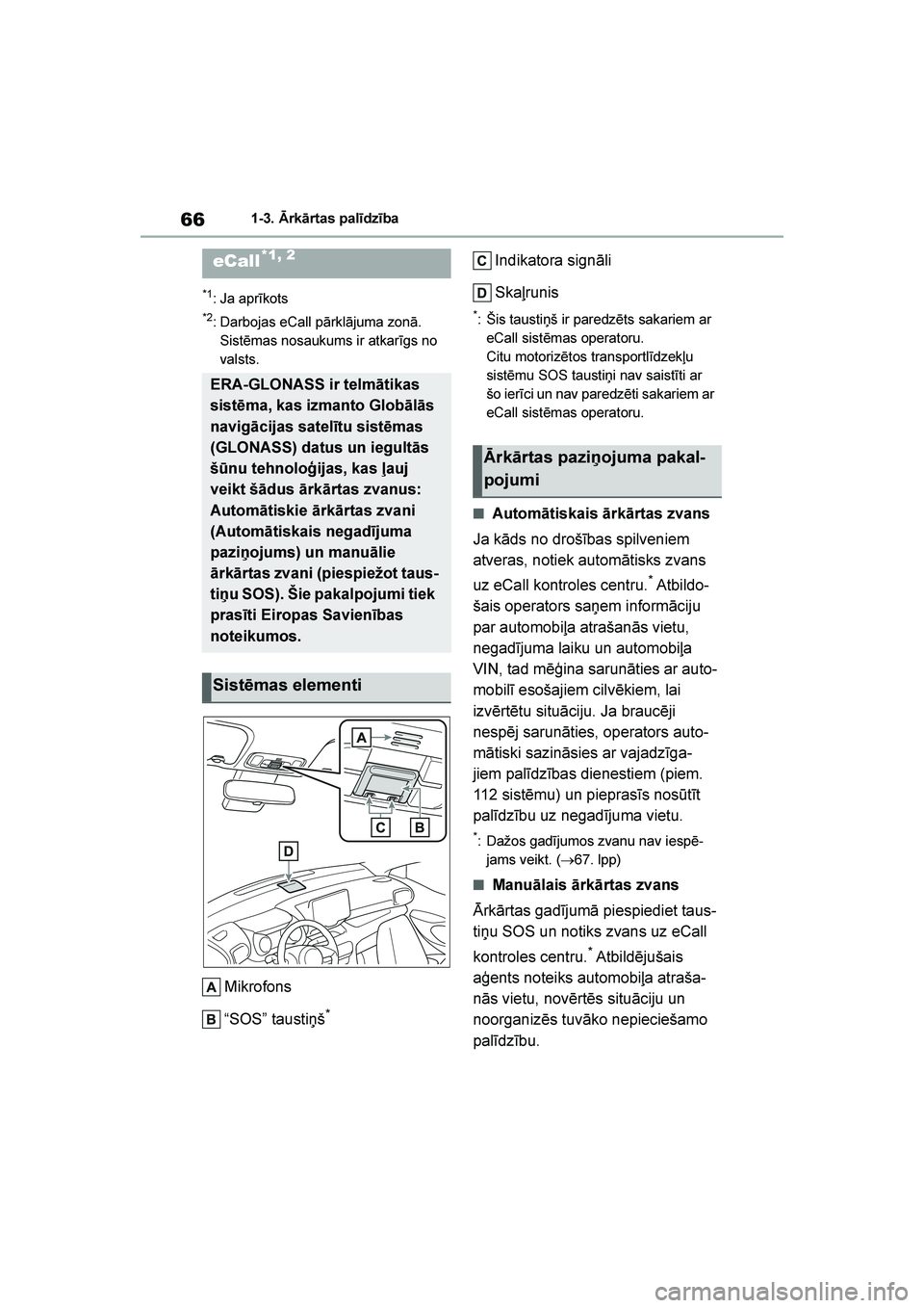 TOYOTA YARIS 2021  Lietošanas Instrukcija (in Latvian) 
66
YARIS(HB) Owners Manual_Europe_MK0001_LV
1-3. Ārkārtas palīdzība
1- 3. Ā rk ārt as pal ī dzī ba
*1:Ja aprīkots
*2: Darbojas eCall pārklājuma zonā. Sistēmas nosaukums ir atkarīgs no 