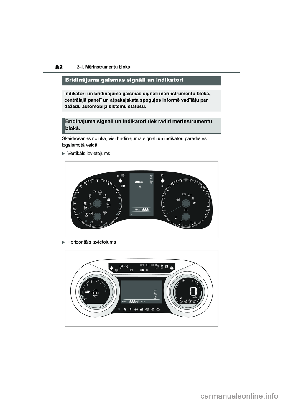 TOYOTA YARIS 2021 Lietošanas Instrukcija (in Latvian)
82
YARIS(HB) Owners Manual_Europe_MK0001_LV
2-1. Mērinstrumentu bloks
2- 1. M ēri nst r um entu bl ok s
Skaidrošanas nolūkā, visi brīdinājuma signāli un indikatori parādīsies
izgaismotā TOYOTA YARIS 2021 Lietošanas Instrukcija (in Latvian)
82
YARIS(HB) Owners Manual_Europe_MK0001_LV
2-1. Mērinstrumentu bloks
2- 1. M ēri nst r um entu bl ok s
Skaidrošanas nolūkā, visi brīdinājuma signāli un indikatori parādīsies
izgaismotā