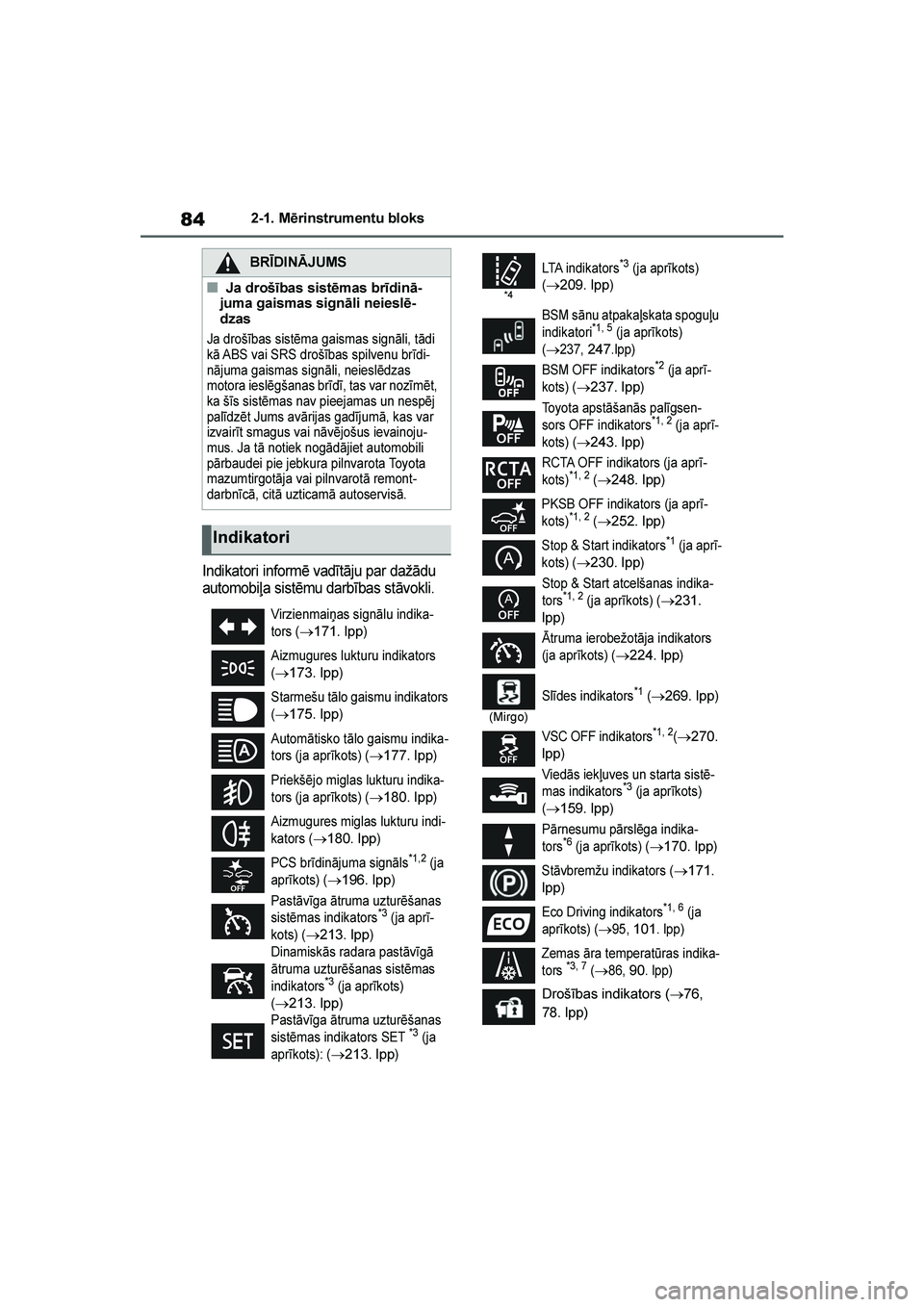 TOYOTA YARIS 2021 Lietošanas Instrukcija (in Latvian)
84
YARIS(HB) Owners Manual_Europe_MK0001_LV
2-1. Mērinstrumentu bloks
Indikatori informē vadītāju par dažādu
automobiļa sistēmu darbības stāvokli.
BRĪDINĀJUMS
■Ja drošības sistēmas TOYOTA YARIS 2021 Lietošanas Instrukcija (in Latvian)
84
YARIS(HB) Owners Manual_Europe_MK0001_LV
2-1. Mērinstrumentu bloks
Indikatori informē vadītāju par dažādu
automobiļa sistēmu darbības stāvokli.
BRĪDINĀJUMS
■Ja drošības sistēmas