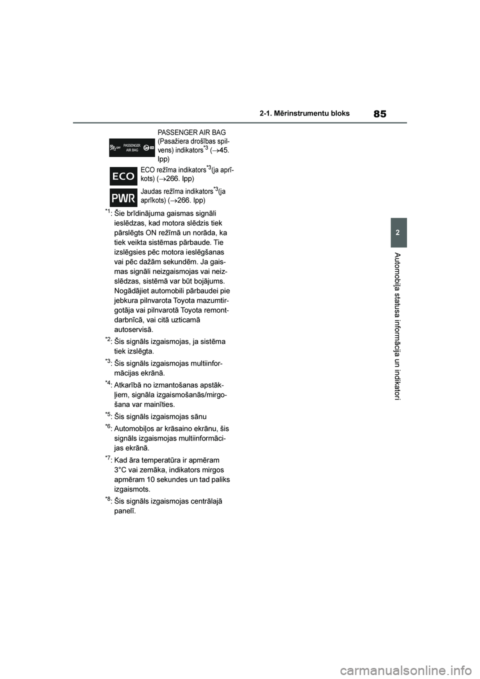 TOYOTA YARIS 2021 Lietošanas Instrukcija (in Latvian)
85
2
YARIS(HB) Owners Manual_Europe_MK0001_LV
2-1. Mērinstrumentu bloks
Automobiļa statusa informācija un indikatori
*1: Šie brīdinājuma gaismas signāli ieslēdzas, kad motora slēdzis tiek
TOYOTA YARIS 2021 Lietošanas Instrukcija (in Latvian)
85
2
YARIS(HB) Owners Manual_Europe_MK0001_LV
2-1. Mērinstrumentu bloks
Automobiļa statusa informācija un indikatori
*1: Šie brīdinājuma gaismas signāli ieslēdzas, kad motora slēdzis tiek