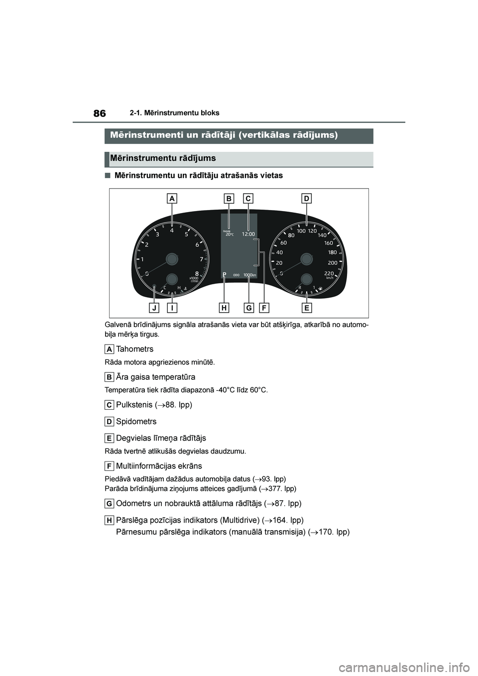 TOYOTA YARIS 2021 Lietošanas Instrukcija (in Latvian)
86
YARIS(HB) Owners Manual_Europe_MK0001_LV
2-1. Mērinstrumentu bloks
■Mērinstrumentu un rādītāju atrašanās vietas
Galvenā brīdinājums signāla atrašanās vieta var būt atšķirīga, a TOYOTA YARIS 2021 Lietošanas Instrukcija (in Latvian)
86
YARIS(HB) Owners Manual_Europe_MK0001_LV
2-1. Mērinstrumentu bloks
■Mērinstrumentu un rādītāju atrašanās vietas
Galvenā brīdinājums signāla atrašanās vieta var būt atšķirīga, a