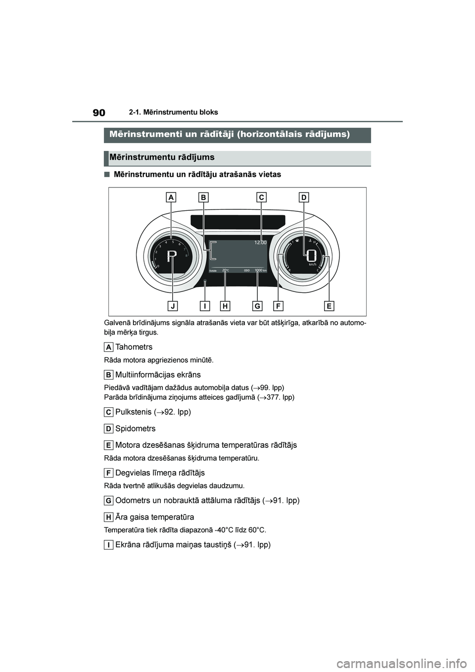 TOYOTA YARIS 2021  Lietošanas Instrukcija (in Latvian) 
90
YARIS(HB) Owners Manual_Europe_MK0001_LV
2-1. Mērinstrumentu bloks
■Mērinstrumentu un rādītāju atrašanās vietas
Galvenā brīdinājums signāla atrašanās vieta var būt atšķirīga, a