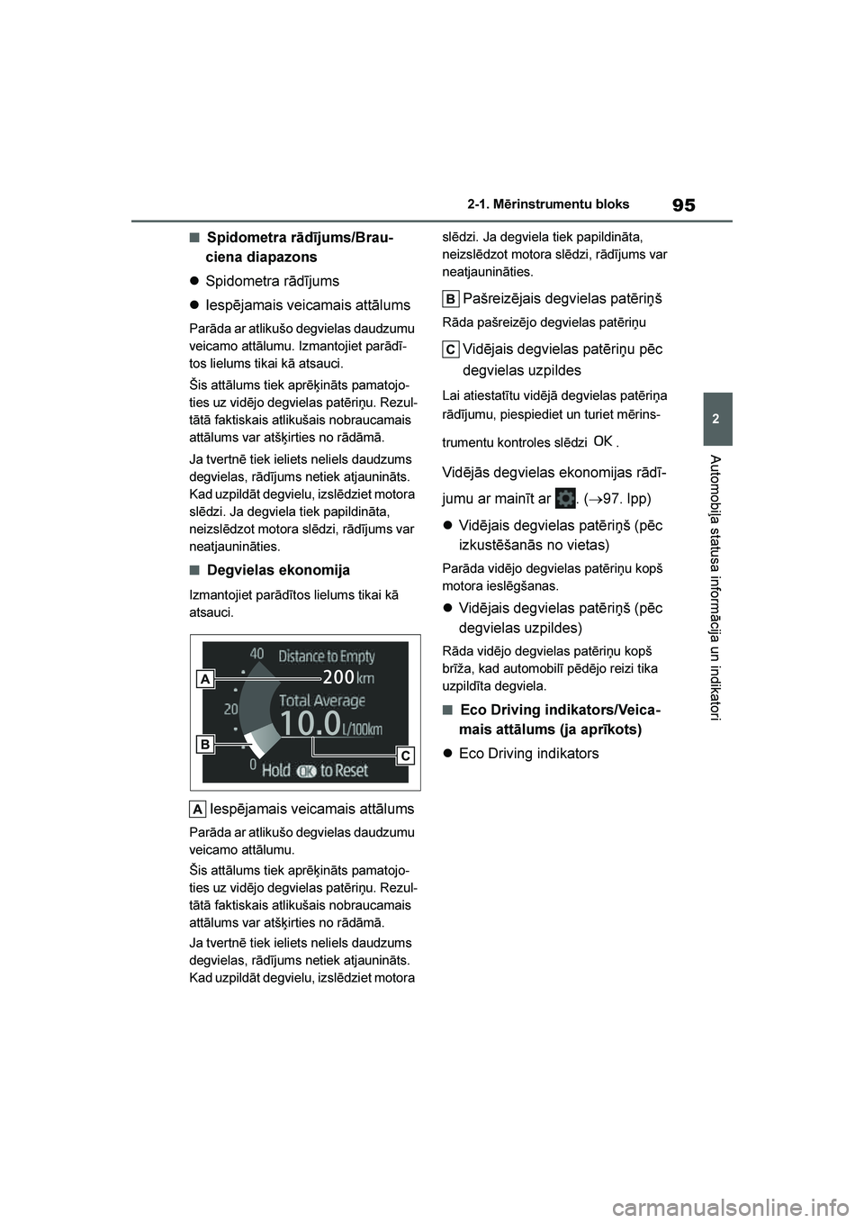 TOYOTA YARIS 2021  Lietošanas Instrukcija (in Latvian) 
95
2
YARIS(HB) Owners Manual_Europe_MK0001_LV
2-1. Mērinstrumentu bloks
Automobiļa statusa informācija un indikatori
■Spidometra rādījums/Brau-
ciena diapazons
 Spidometra rādījums
 Iesp