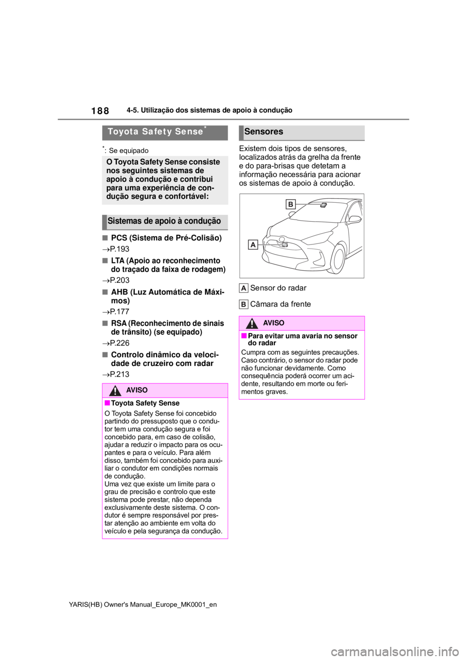 TOYOTA YARIS 2021 Manual de utilização (in Portuguese) 188
YARIS(HB) Owners Manual_Europe_MK0001_en
4-5. Utilização dos sistemas de apoio à condução
4-5.Utilização dos sistemas de apoio à condução
*: Se equipado
PCS (Sistema de Pré-Colisão TOYOTA YARIS 2021 Manual de utilização (in Portuguese) 188
YARIS(HB) Owners Manual_Europe_MK0001_en
4-5. Utilização dos sistemas de apoio à condução
4-5.Utilização dos sistemas de apoio à condução
*: Se equipado
PCS (Sistema de Pré-Colisão
