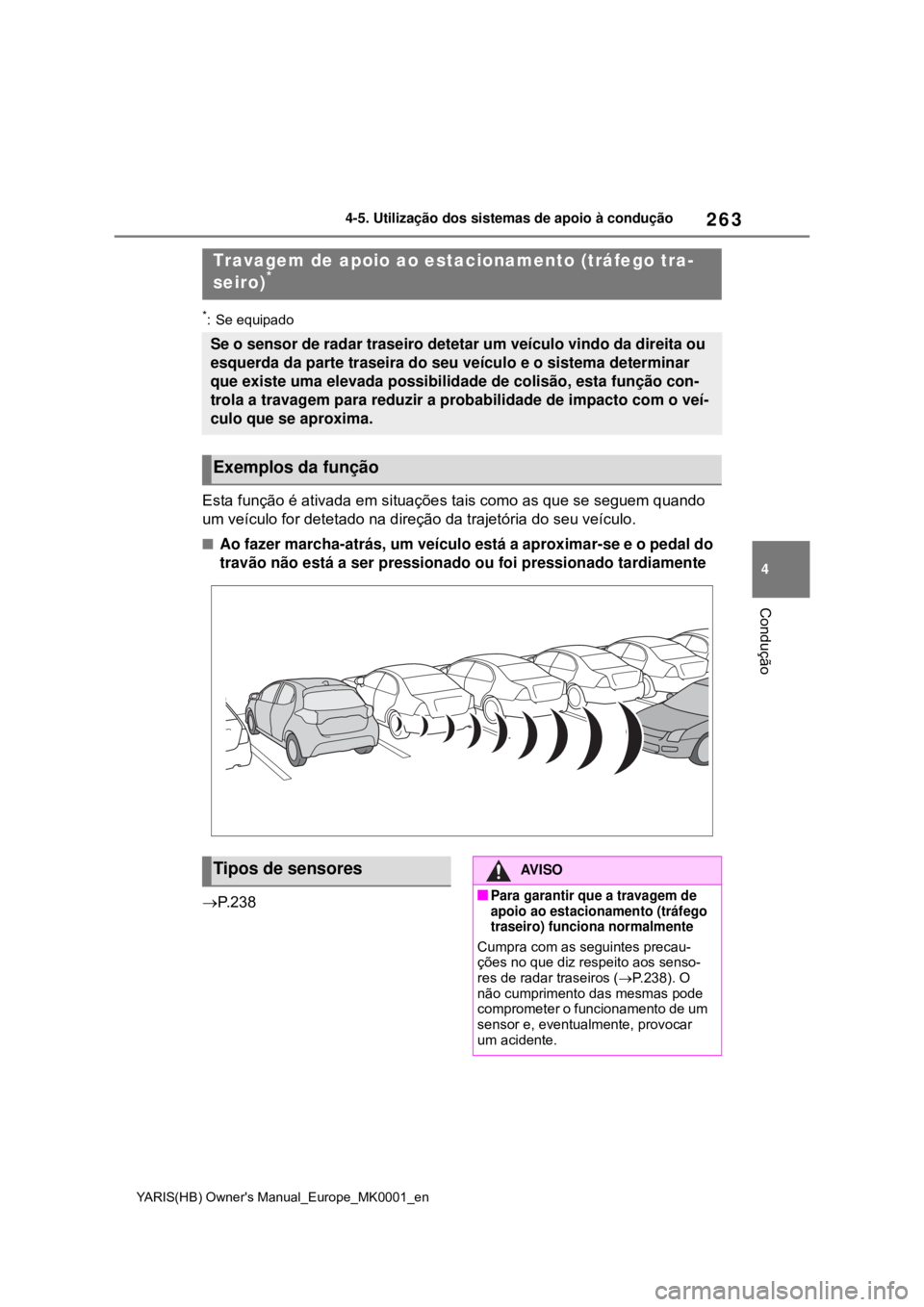 TOYOTA YARIS 2021  Manual de utilização (in Portuguese) 263
4
YARIS(HB) Owners Manual_Europe_MK0001_en
4-5. Utilização dos sistemas de apoio à condução
Condução
*: Se equipado
Esta função é ativada em situações tais como as que se seguem quand