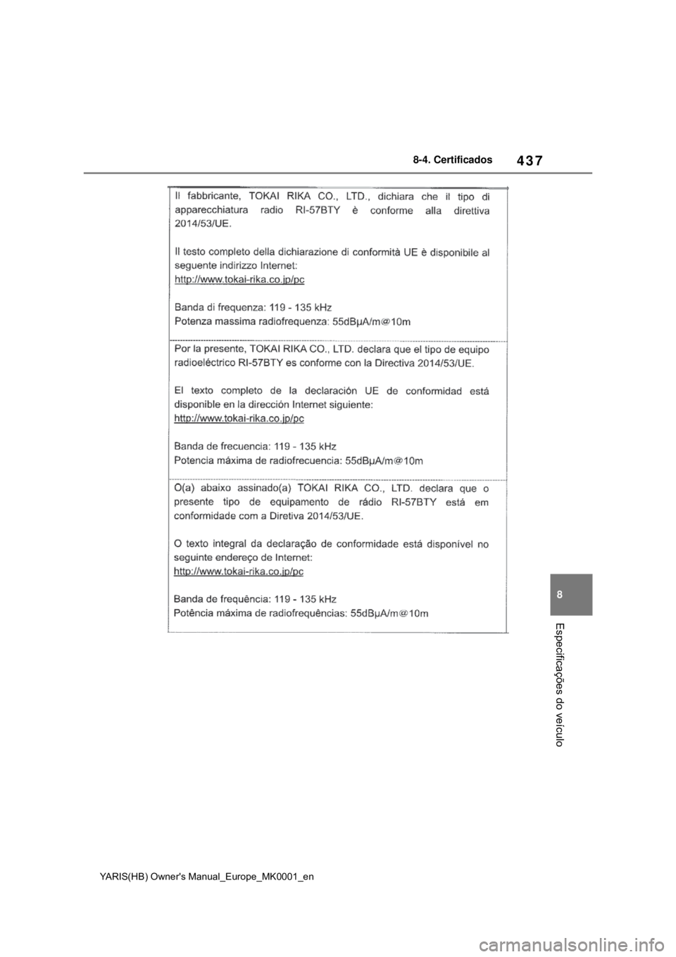 TOYOTA YARIS 2021 Manual de utilização (in Portuguese) 437
8
YARIS(HB) Owners Manual_Europe_MK0001_en
8-4. Certificados
Especificações do veículo TOYOTA YARIS 2021 Manual de utilização (in Portuguese) 437
8
YARIS(HB) Owners Manual_Europe_MK0001_en
8-4. Certificados
Especificações do veículo