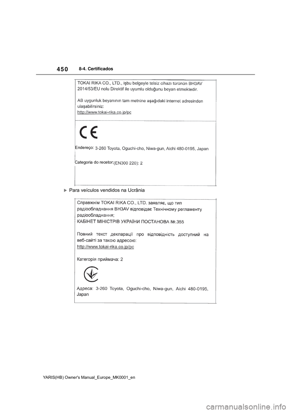 TOYOTA YARIS 2021 Manual de utilização (in Portuguese) 450
YARIS(HB) Owners Manual_Europe_MK0001_en
8-4. Certificados
Para veículos vendidos na Ucrânia
Endereço:
Categoria do recetor: TOYOTA YARIS 2021 Manual de utilização (in Portuguese) 450
YARIS(HB) Owners Manual_Europe_MK0001_en
8-4. Certificados
Para veículos vendidos na Ucrânia
Endereço:
Categoria do recetor: