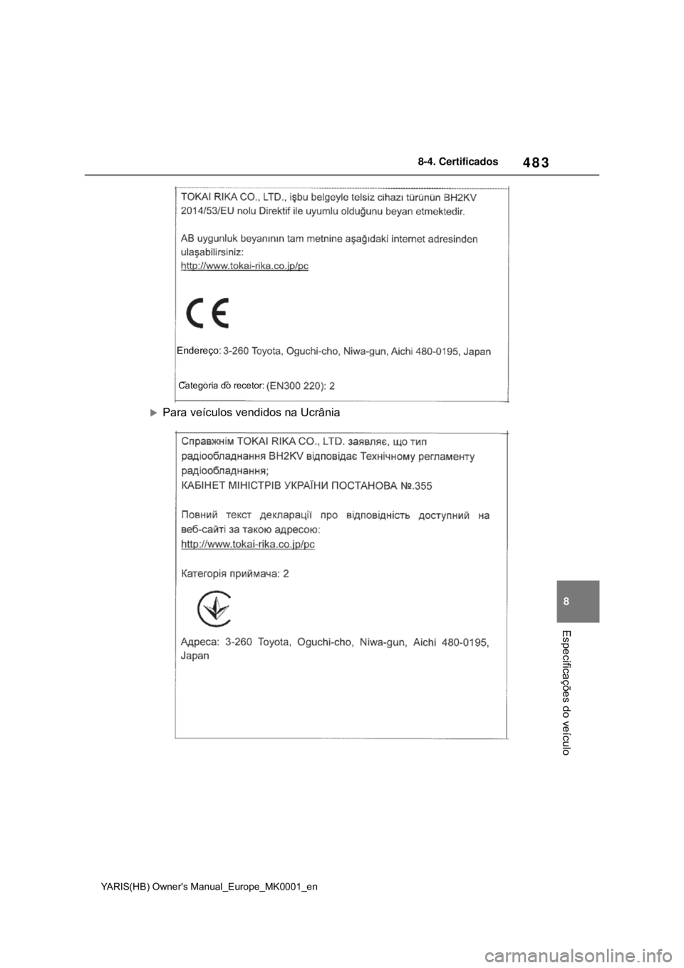 TOYOTA YARIS 2021 Manual de utilização (in Portuguese) 483
8
YARIS(HB) Owners Manual_Europe_MK0001_en
8-4. Certificados
Especificações do veículo
Para veículos vendidos na Ucrânia
Endereço:
Categoria do recetor: TOYOTA YARIS 2021 Manual de utilização (in Portuguese) 483
8
YARIS(HB) Owners Manual_Europe_MK0001_en
8-4. Certificados
Especificações do veículo
Para veículos vendidos na Ucrânia
Endereço:
Categoria do recetor: