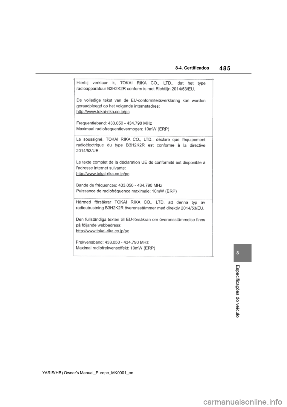 TOYOTA YARIS 2021 Manual de utilização (in Portuguese) 485
8
YARIS(HB) Owners Manual_Europe_MK0001_en
8-4. Certificados
Especificações do veículo TOYOTA YARIS 2021 Manual de utilização (in Portuguese) 485
8
YARIS(HB) Owners Manual_Europe_MK0001_en
8-4. Certificados
Especificações do veículo