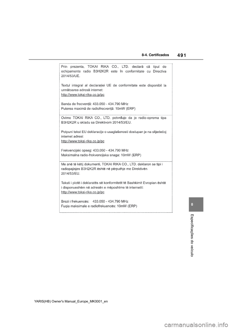 TOYOTA YARIS 2021 Manual de utilização (in Portuguese) 491
8
YARIS(HB) Owners Manual_Europe_MK0001_en
8-4. Certificados
Especificações do veículo TOYOTA YARIS 2021 Manual de utilização (in Portuguese) 491
8
YARIS(HB) Owners Manual_Europe_MK0001_en
8-4. Certificados
Especificações do veículo