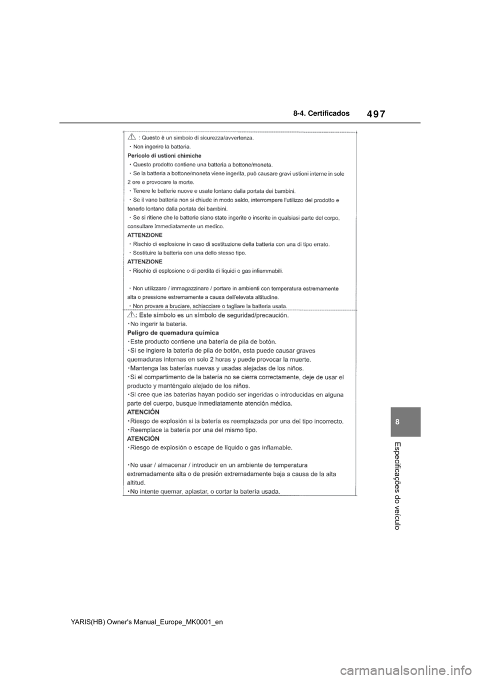 TOYOTA YARIS 2021 Manual de utilização (in Portuguese) 497
8
YARIS(HB) Owners Manual_Europe_MK0001_en
8-4. Certificados
Especificações do veículo TOYOTA YARIS 2021 Manual de utilização (in Portuguese) 497
8
YARIS(HB) Owners Manual_Europe_MK0001_en
8-4. Certificados
Especificações do veículo