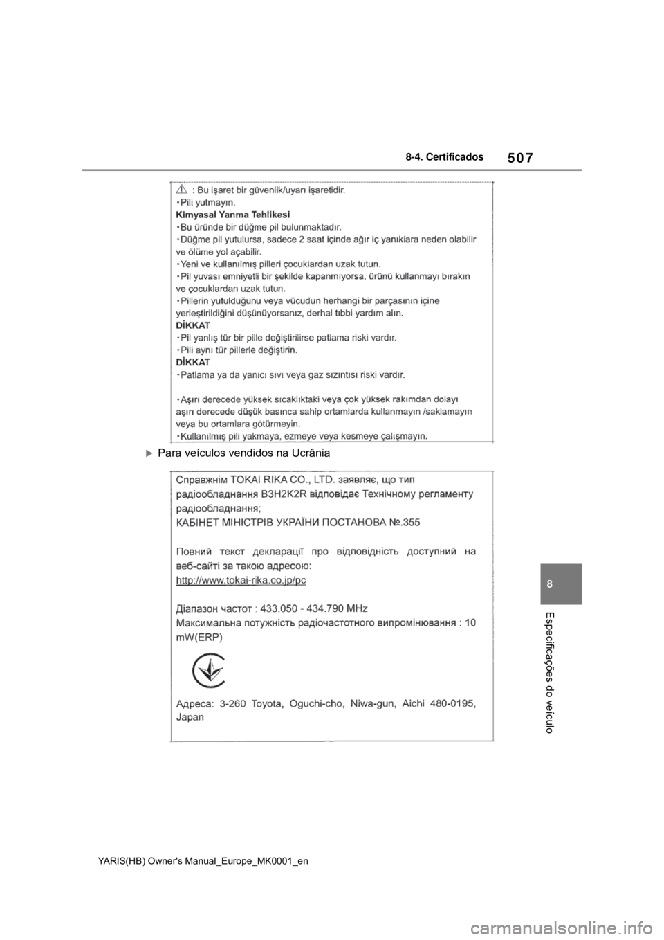 TOYOTA YARIS 2021 Manual de utilização (in Portuguese) 507
8
YARIS(HB) Owners Manual_Europe_MK0001_en
8-4. Certificados
Especificações do veículo
Para veículos vendidos na Ucrânia TOYOTA YARIS 2021 Manual de utilização (in Portuguese) 507
8
YARIS(HB) Owners Manual_Europe_MK0001_en
8-4. Certificados
Especificações do veículo
Para veículos vendidos na Ucrânia