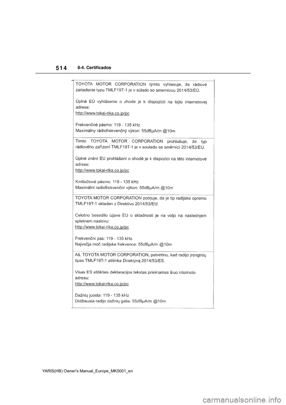 TOYOTA YARIS 2021 Manual de utilização (in Portuguese) 514
YARIS(HB) Owners Manual_Europe_MK0001_en
8-4. Certificados TOYOTA YARIS 2021 Manual de utilização (in Portuguese) 514
YARIS(HB) Owners Manual_Europe_MK0001_en
8-4. Certificados