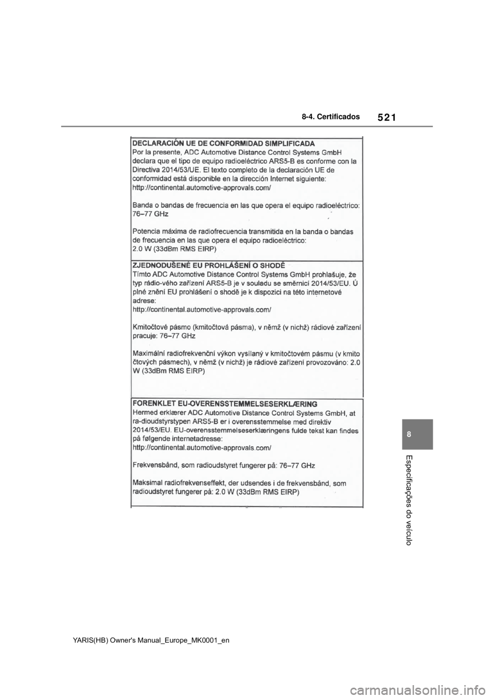 TOYOTA YARIS 2021 Manual de utilização (in Portuguese) 521
8
YARIS(HB) Owners Manual_Europe_MK0001_en
8-4. Certificados
Especificações do veículo TOYOTA YARIS 2021 Manual de utilização (in Portuguese) 521
8
YARIS(HB) Owners Manual_Europe_MK0001_en
8-4. Certificados
Especificações do veículo