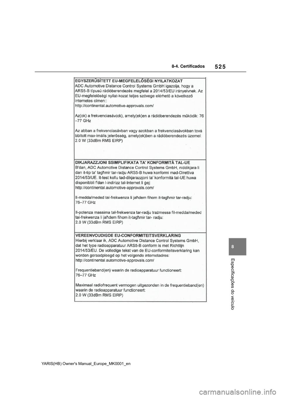 TOYOTA YARIS 2021 Manual de utilização (in Portuguese) 525
8
YARIS(HB) Owners Manual_Europe_MK0001_en
8-4. Certificados
Especificações do veículo TOYOTA YARIS 2021 Manual de utilização (in Portuguese) 525
8
YARIS(HB) Owners Manual_Europe_MK0001_en
8-4. Certificados
Especificações do veículo