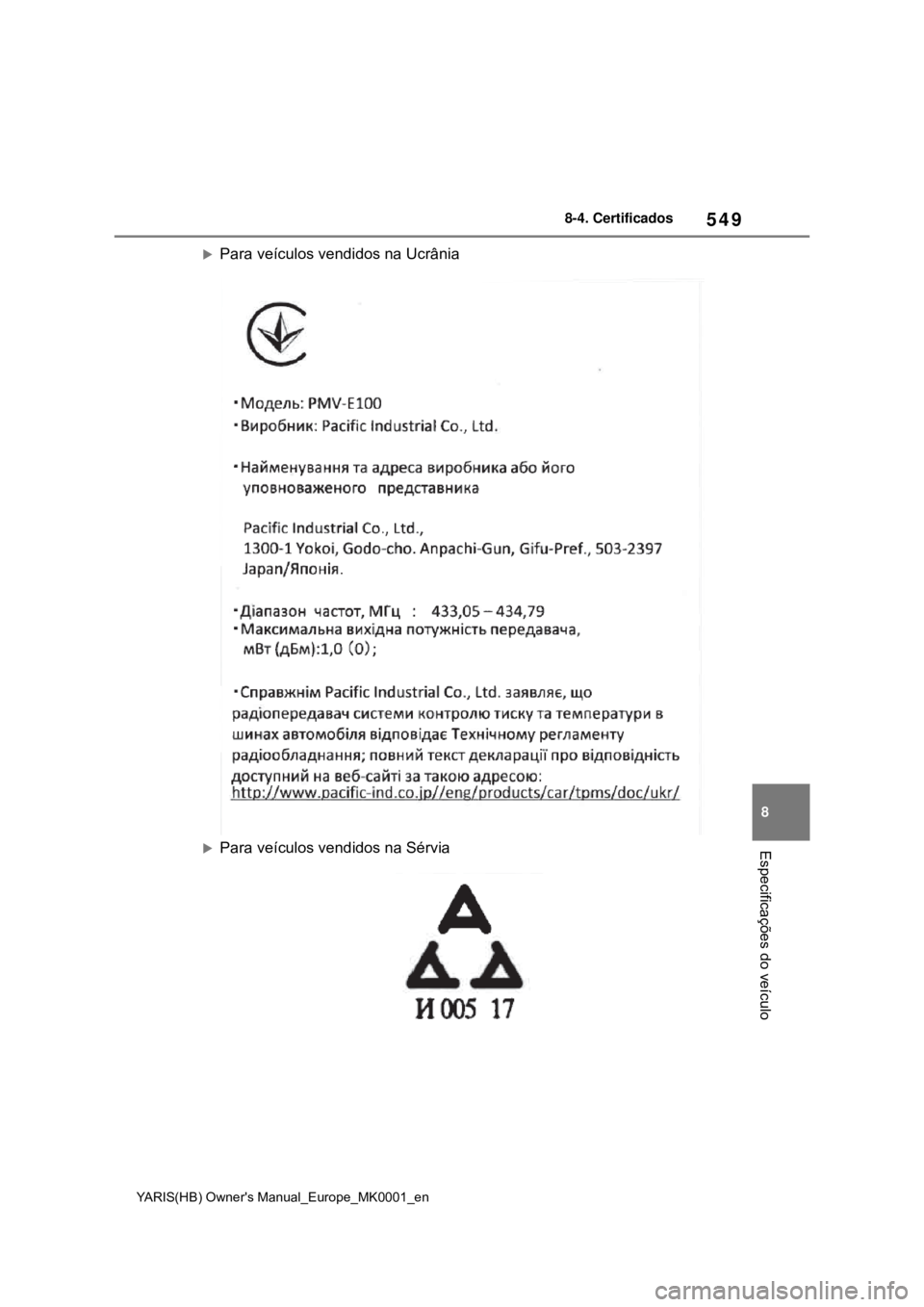TOYOTA YARIS 2021 Manual de utilização (in Portuguese) 549
8
YARIS(HB) Owners Manual_Europe_MK0001_en
8-4. Certificados
Especificações do veículo
Para veículos vendidos na Ucrânia
Para veículos vendidos na Sérvia TOYOTA YARIS 2021 Manual de utilização (in Portuguese) 549
8
YARIS(HB) Owners Manual_Europe_MK0001_en
8-4. Certificados
Especificações do veículo
Para veículos vendidos na Ucrânia
Para veículos vendidos na Sérvia