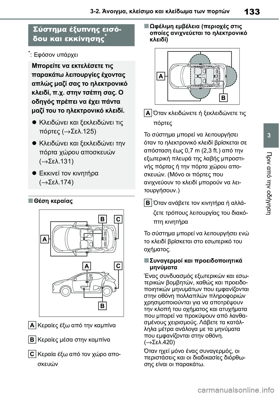 TOYOTA YARIS 2021 ΟΔΗΓΌΣ ΧΡΉΣΗΣ (in Greek) 133
3 3-2. Άνοιγμα, κλείσιμο και κλείδωμα των πορτών
Πριν από την οδήγηση
*:Εφόσον υπάρχει
■Θέση κεραίας
Κεραίες έ TOYOTA YARIS 2021 ΟΔΗΓΌΣ ΧΡΉΣΗΣ (in Greek) 133
3 3-2. Άνοιγμα, κλείσιμο και κλείδωμα των πορτών
Πριν από την οδήγηση
*:Εφόσον υπάρχει
■Θέση κεραίας
Κεραίες έ