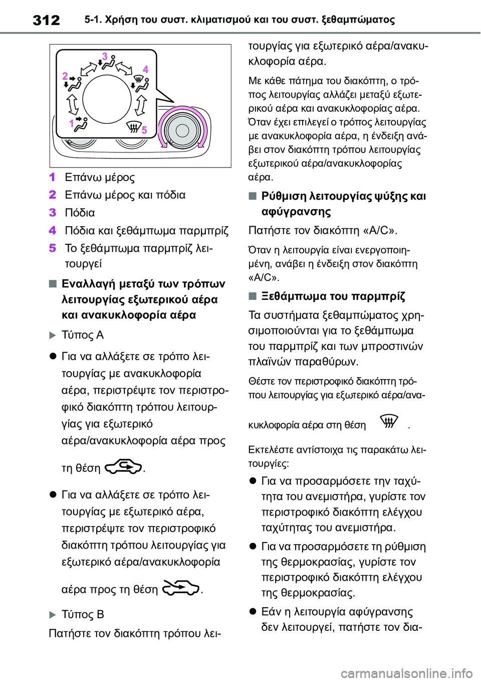 TOYOTA YARIS 2021  ΟΔΗΓΌΣ ΧΡΉΣΗΣ (in Greek) 3125-1. Χρήση του συστ. κλιματισμού και του συστ. ξεθαμπώματος
1Επάνω μέρος
2Επάνω μέρος και πόδια
3Πόδια
4Πόδια κα