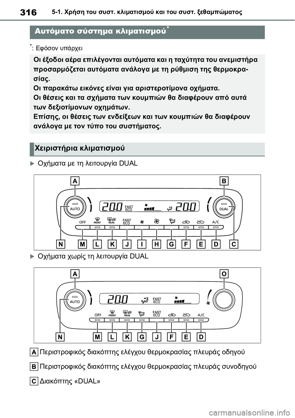 TOYOTA YARIS 2021  ΟΔΗΓΌΣ ΧΡΉΣΗΣ (in Greek) 3165-1. Χρήση του συστ. κλιματισμού και του συστ. ξεθαμπώματος
*:Εφόσον υπάρχει
�XΟχήματα με τη λειτουργία DUAL
�XΟχή
