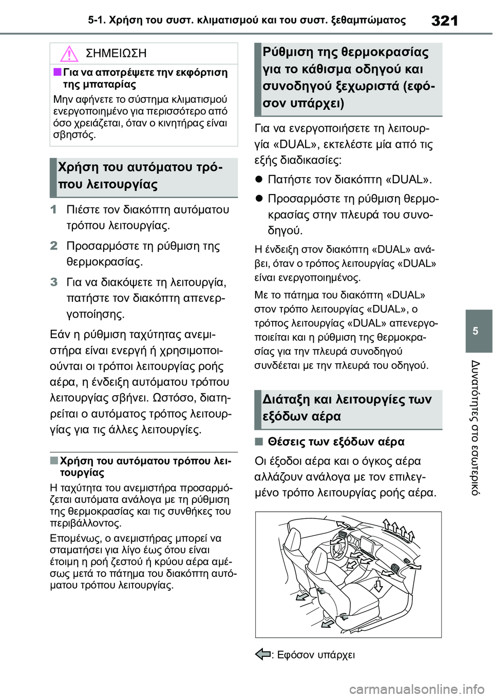 TOYOTA YARIS 2021  ΟΔΗΓΌΣ ΧΡΉΣΗΣ (in Greek) 321
5 5-1. Χρήση του συστ. κλιματισμού και του συστ. ξεθαμπώματος
Δυνατότητες στο εσωτερικό
1Πιέστε τον διακόπτη α