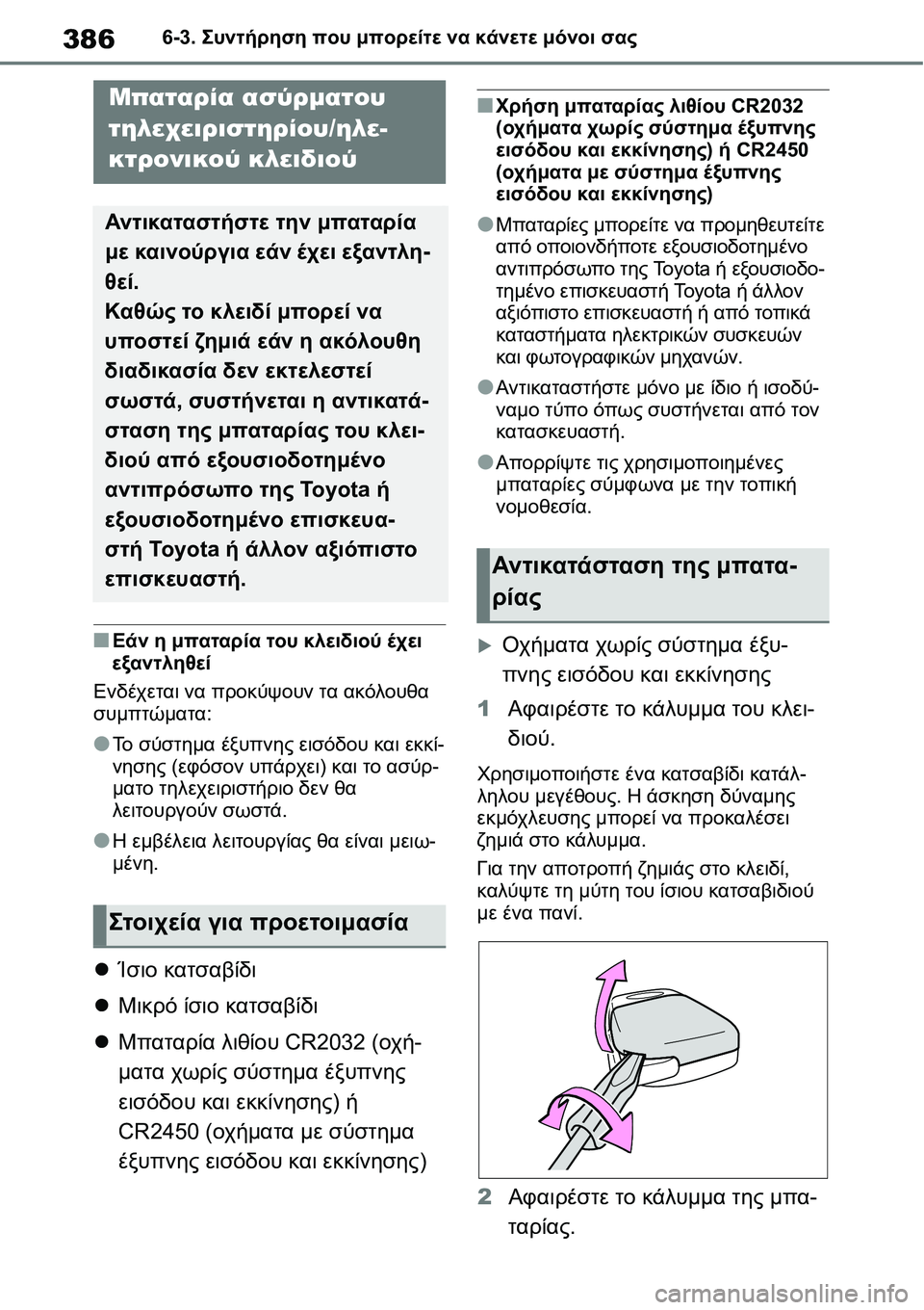 TOYOTA YARIS 2021  ΟΔΗΓΌΣ ΧΡΉΣΗΣ (in Greek) 3866-3. Συντήρηση που μπορείτε να κάνετε μόνοι σας
■Εάν η μπαταρία του κλειδιού έχει 
εξαντληθεί
Ενδέχεται να πρ