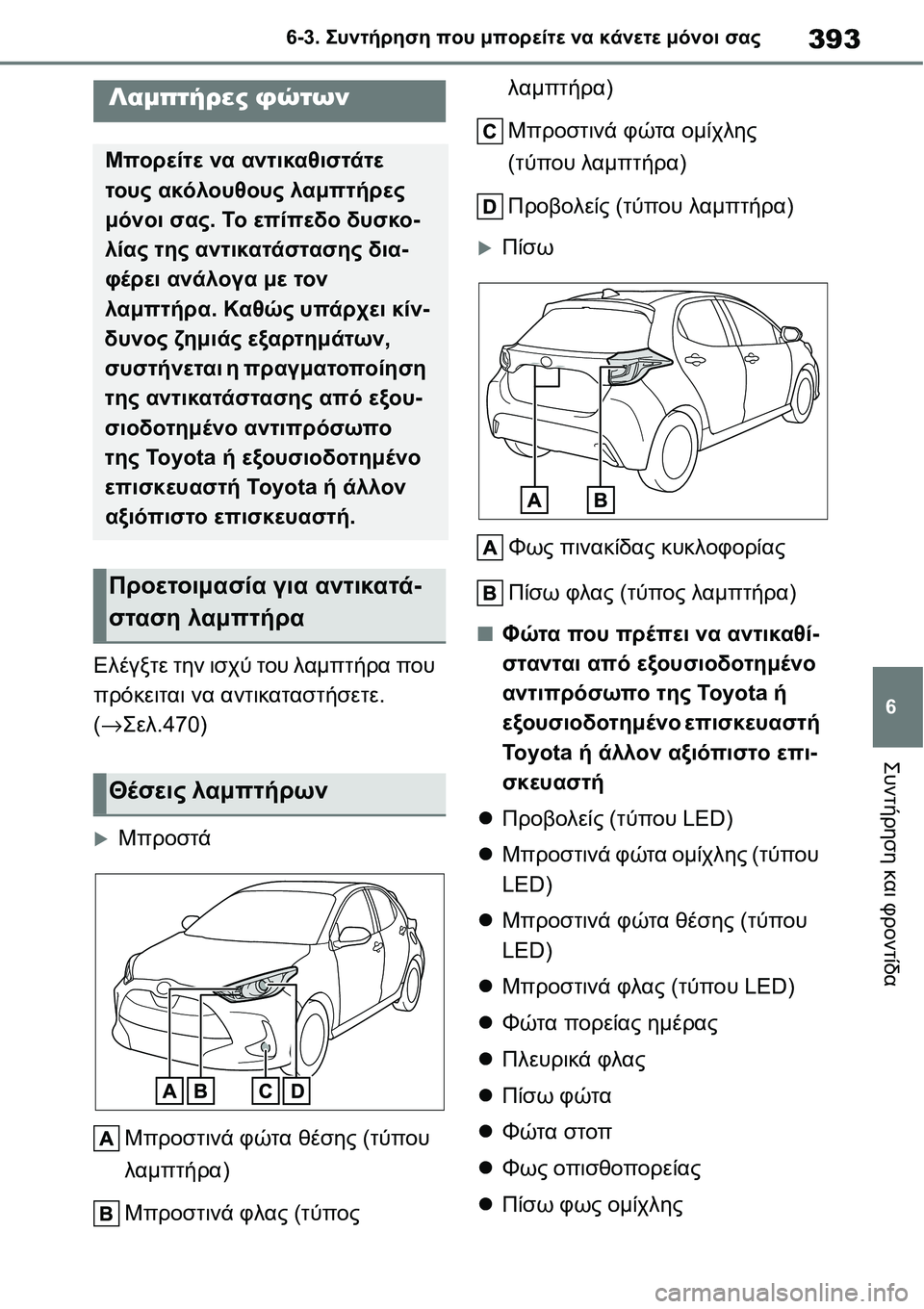 TOYOTA YARIS 2021  ΟΔΗΓΌΣ ΧΡΉΣΗΣ (in Greek) 393
6 6-3. Συντήρηση που μπορείτε να κάνετε μόνοι σας
Συντήρηση και φροντίδα
Ελέγξτε την ισχύ του λαμπτήρα που 
πρ